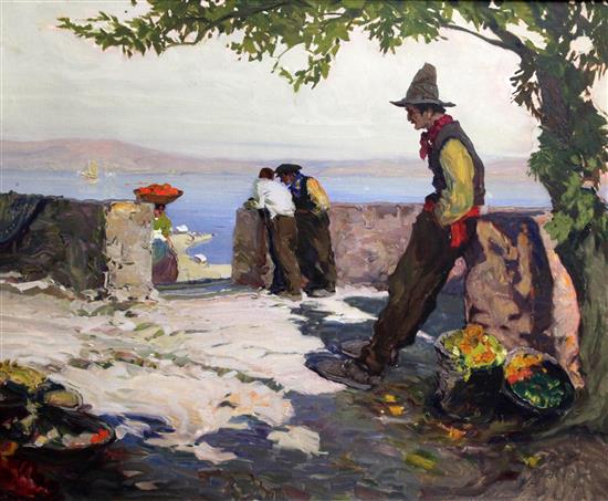 M A Lynd Neapolitan fruit pickers overlooking the coast, 22 x 27in.